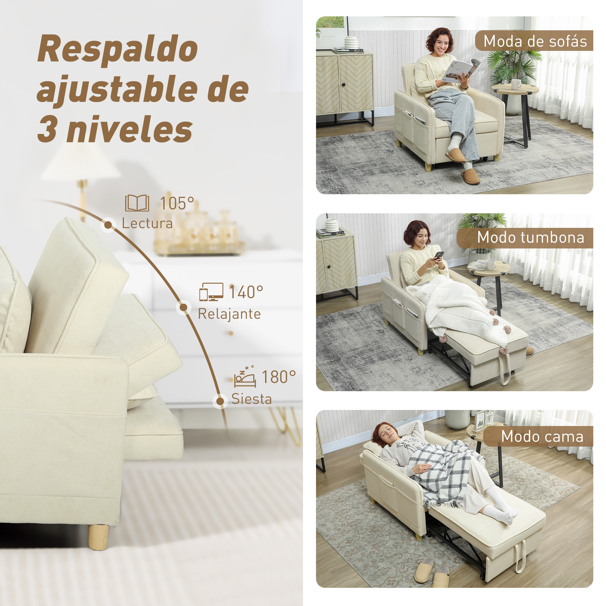 Sofá Cama de 1 Plaza 3 en 1, Sofá Cama Plegable Tapizado en Terciopelo Ecológico con Respaldo Ajustable 3 Niveles, 6 Bolsillos Laterales y Almohada, para Dormitorio, Salón, 74x85,5x82 cm, Beige