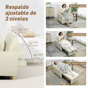 Sofá Cama de 1 Plaza 3 en 1, Sofá Cama Plegable Tapizado en Terciopelo Ecológico con Respaldo Ajustable 3 Niveles, 6 Bolsillos Laterales y Almohada, para Dormitorio, Salón, 74x85,5x82 cm, Beige