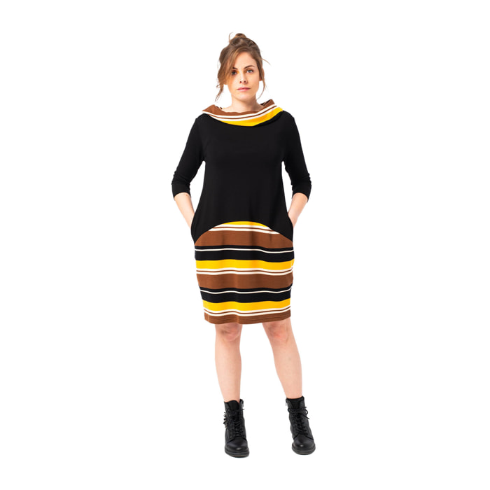 Mamatayoe Palette. Vestido Corto de Rayas para Mujer de Color Negro, Marrón y Amarillo para Otoño Invierno. Vestido Casual de Punto Roma de Manga Larga y Bolsillos Laterales.