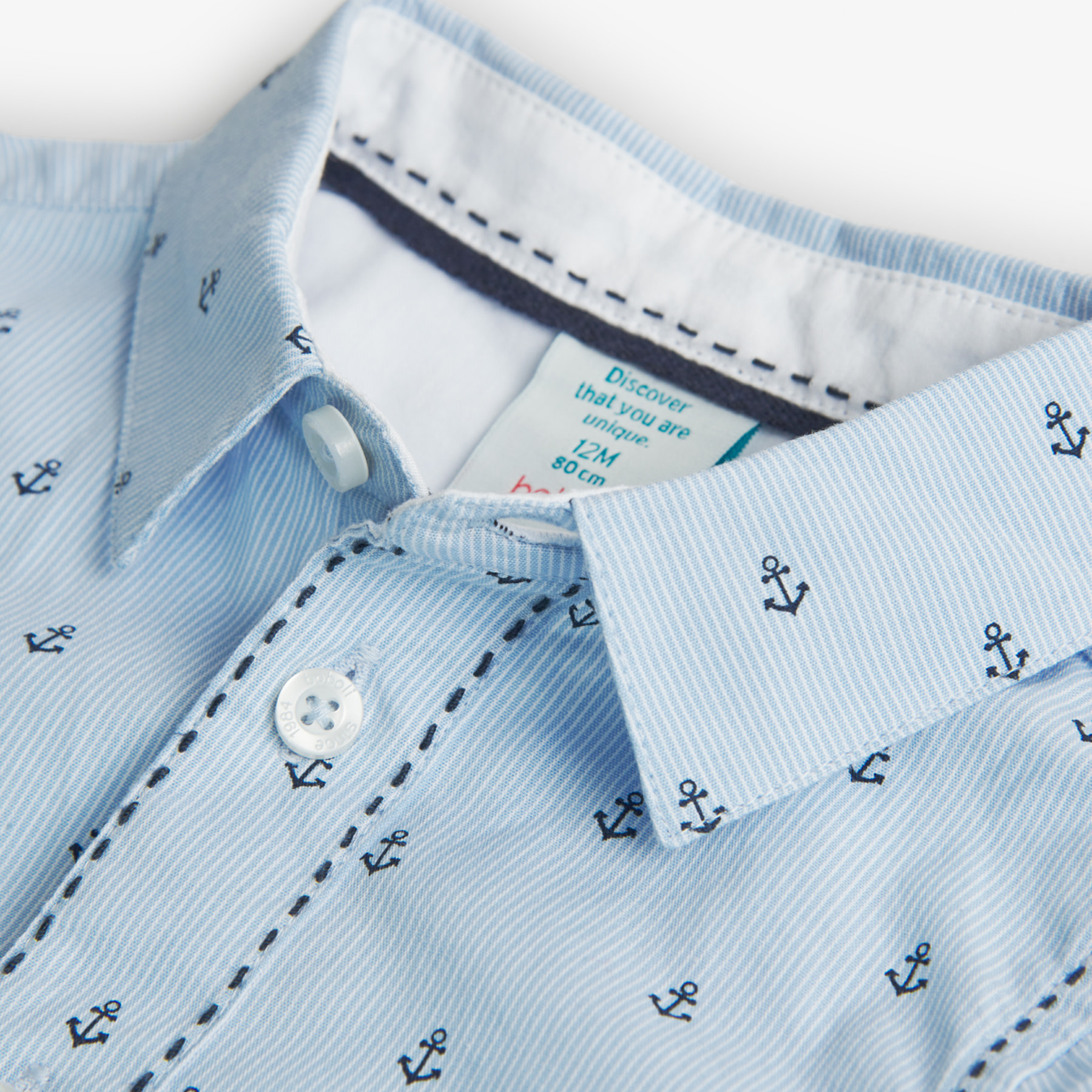 Camisa niño estampada, cuello camisero, mangas largas, azul