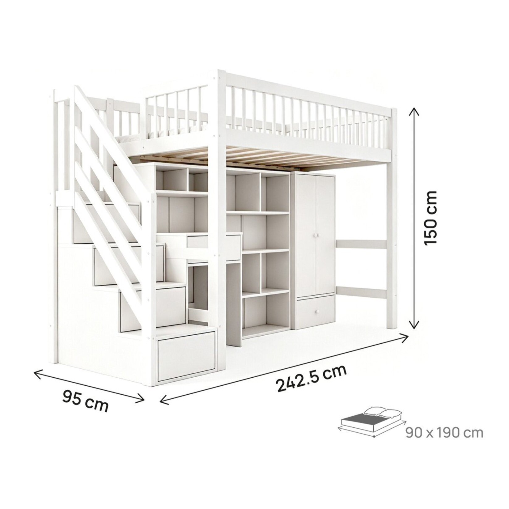 Lit mezzanine en bois avec dressing et bureau intégré "Amélia" - 90 x 190 cm - Blanc