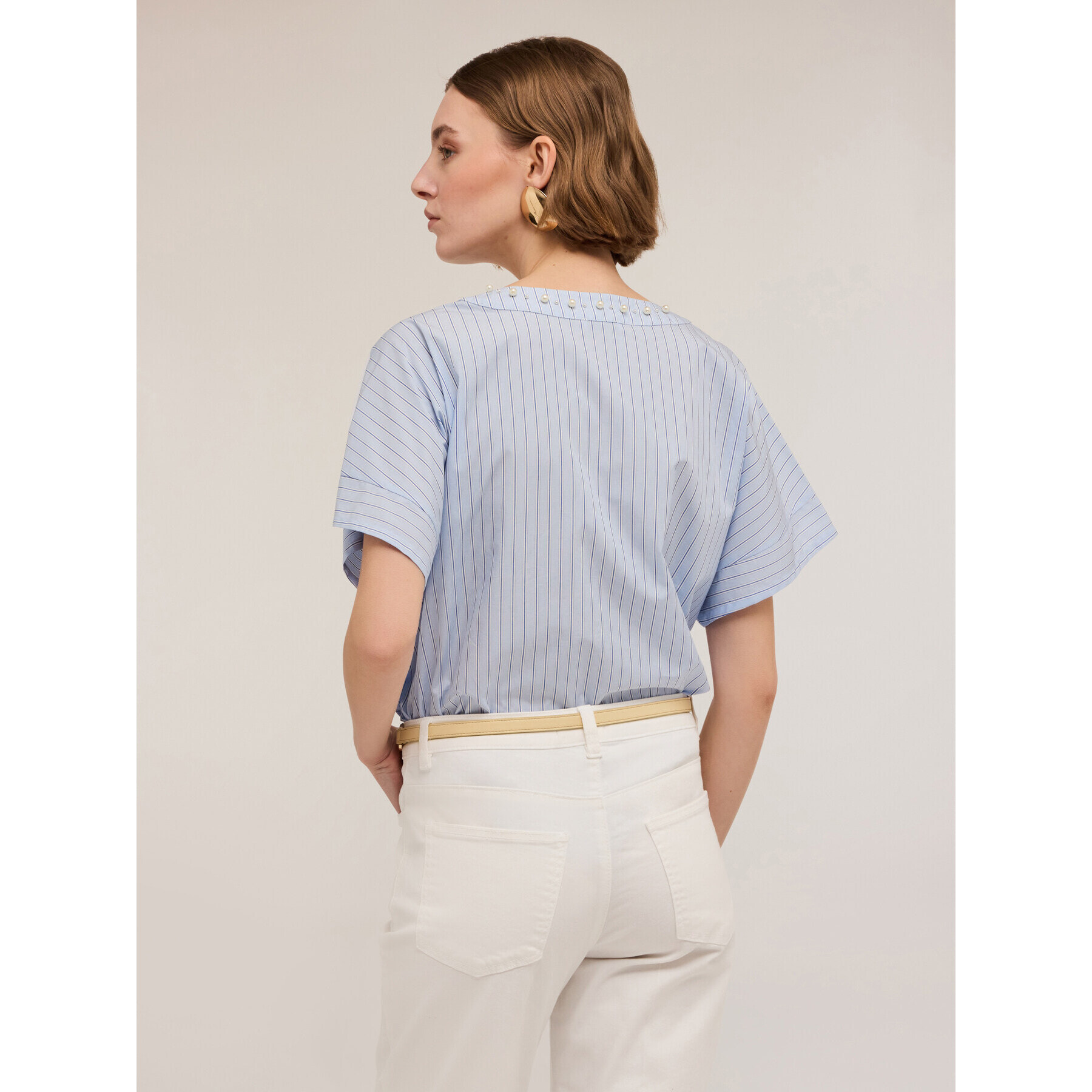 Motivi - T-shirt bimaterica con ricamo di perle - Bianco