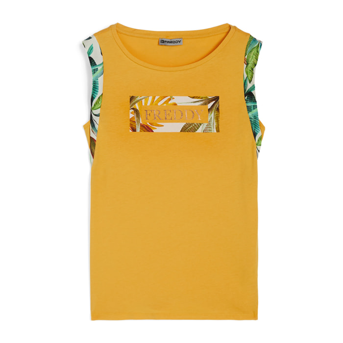 T-shirt donna con maniche in viscosa e grafica tropical