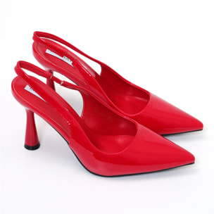 Dècolletè slingback in simil pelle verniciata con tacco a rocchetto tondo