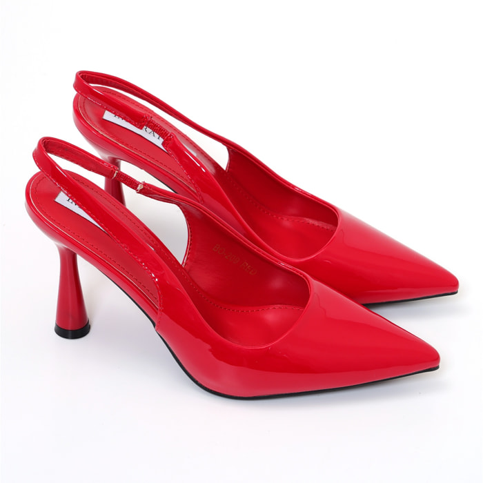 Dècolletè slingback in simil pelle verniciata con tacco a rocchetto tondo