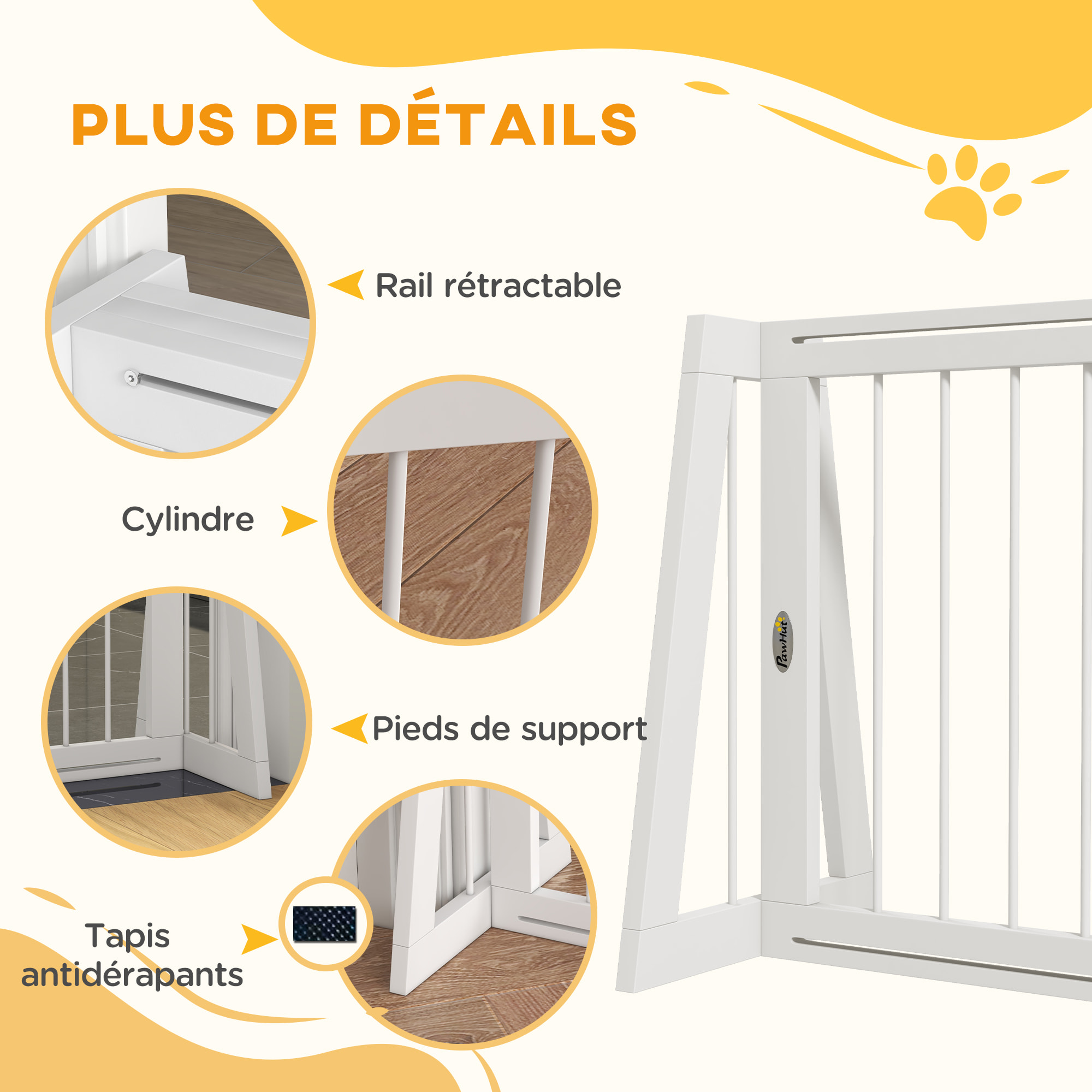 Barrière de sécurité chien 3 panneaux rétractable autoportante dim. 71-190L x 38,5l x 56H cm bois blanc