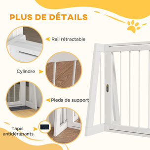 Barrière de sécurité chien 3 panneaux rétractable autoportante dim. 71-190L x 38,5l x 56H cm bois blanc