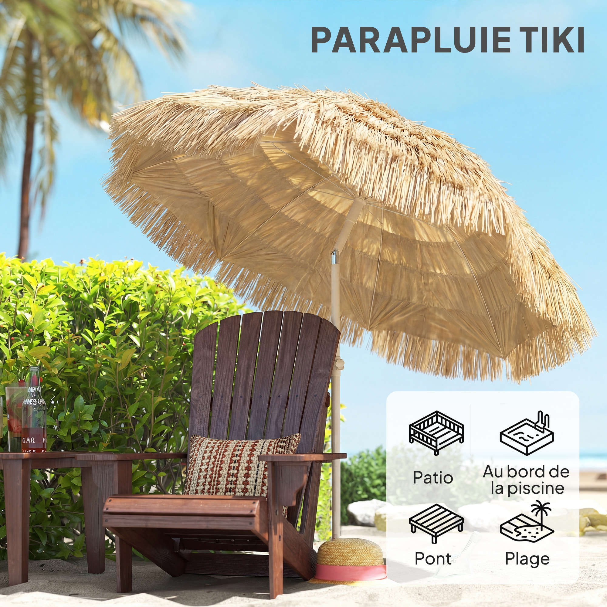 Parasol de plage inclinable design Hawaï 185 cm raphia artificiel kaki beige