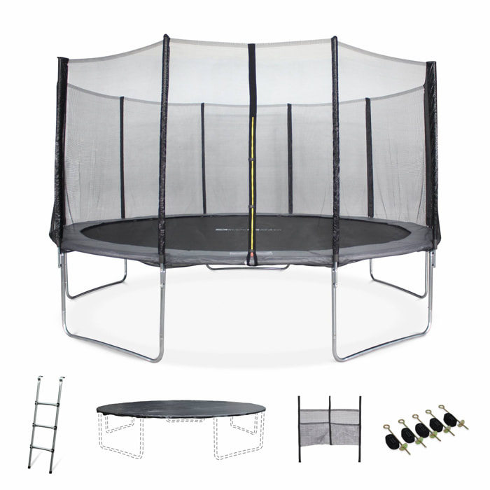 Trampoline 460cm gris avec filet de protection.  échelle. bâche. filet pour chaussures. kit d'ancrage - Neptune XXL - Trampoline de jardin 460 cm 4m | Qualité PRO.|Normes EU.