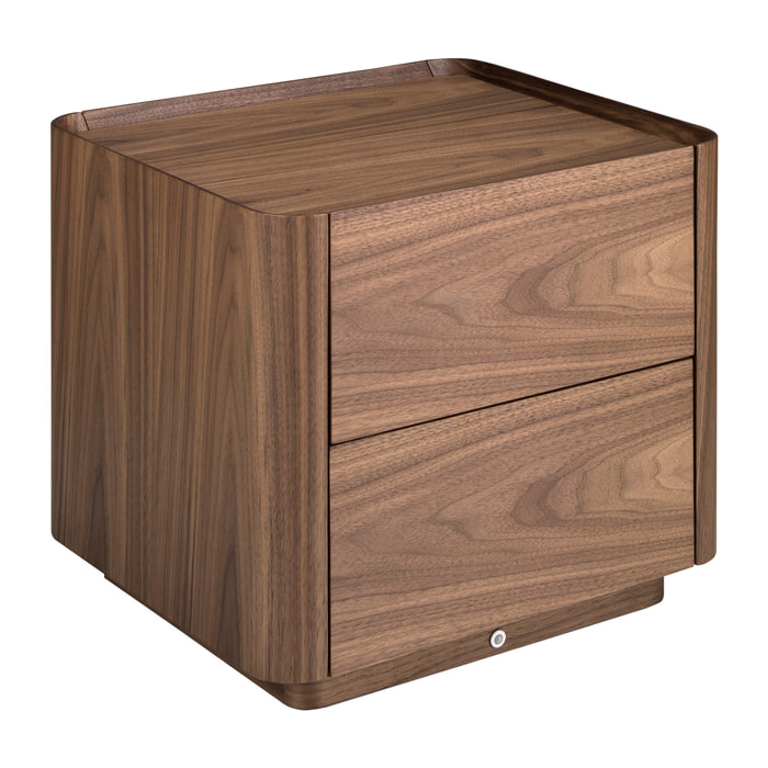 Mesita de noche con estructura de madera chapada en nogal natural y una original base de madera chapada en nogal 50x45x45cm