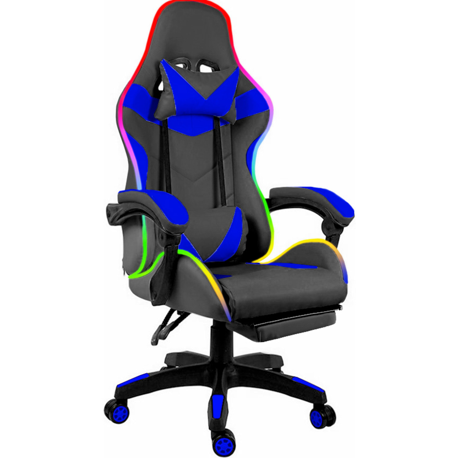 Sedia Gaming Con LED RGB Telecomando Poltrona Ufficio Scrivania Casa PC Racing Girevole Ergonomica Ecopelle Cuscino Lombare Poggiapiedi Nero Blu