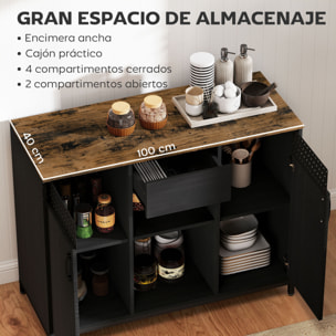 Aparador de 2 Puertas con Orificios, Aparador para Salón con Cajón, Compartimentos Abiertos, Estantes Ajustables, para Cocina, Entrada, Oficina, Negro y Marrón Rústico, 100x40x80 cm