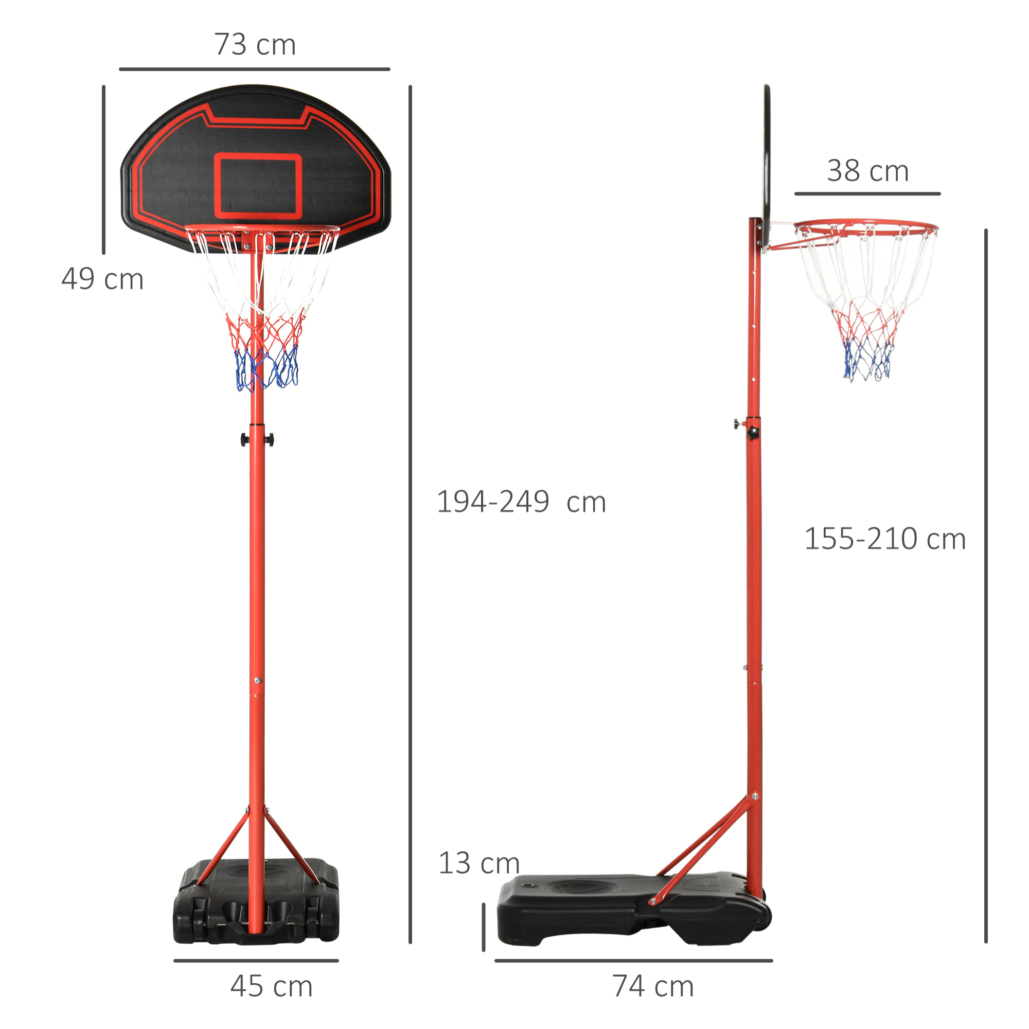 Canasta de Baloncesto con Altura Ajustable 194-249 cm Aro de Baloncesto con Ruedas y Base Rellenable para Adolescentes y Adultos Negro