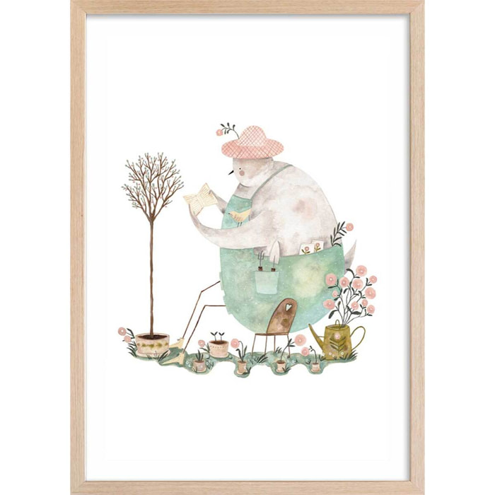 Affiche enfant un oiseau au jardin  Affiche + cadre en bois - Chêne