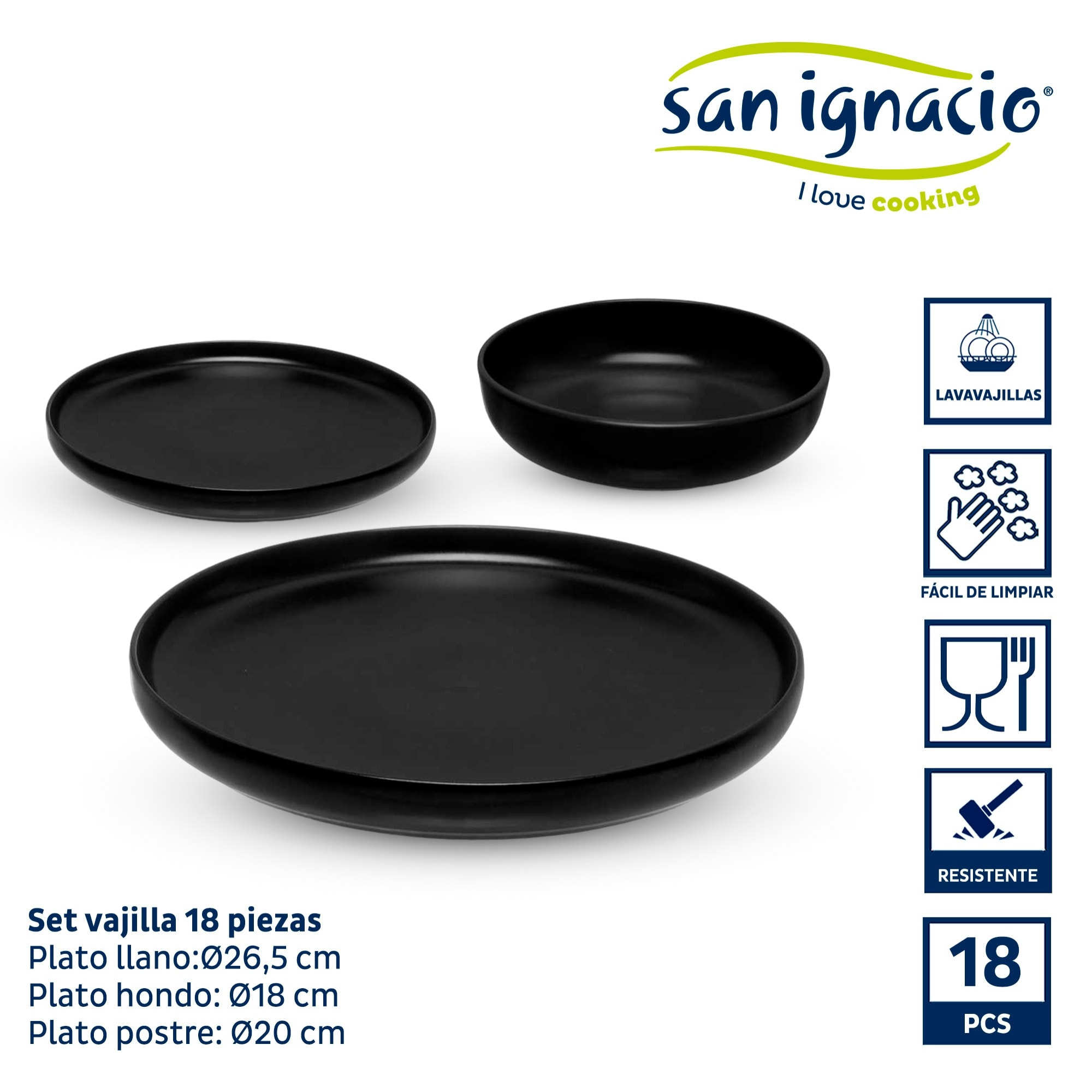 Set 18 pzs vajilla gres negro colección vessia