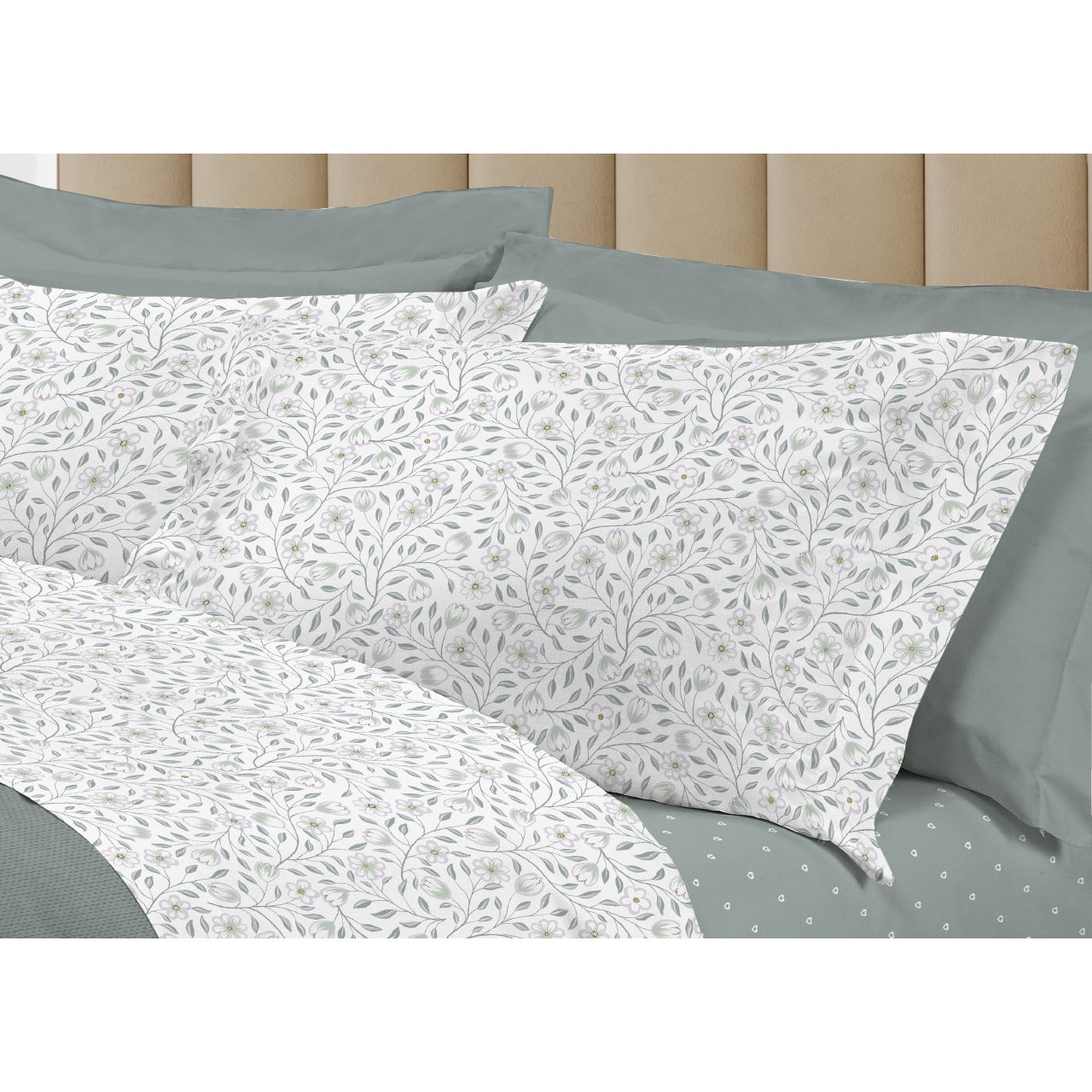 Completo Lenzuola Linea 3027 In Percalle Fantasia Floreale Disegno Melody Verde