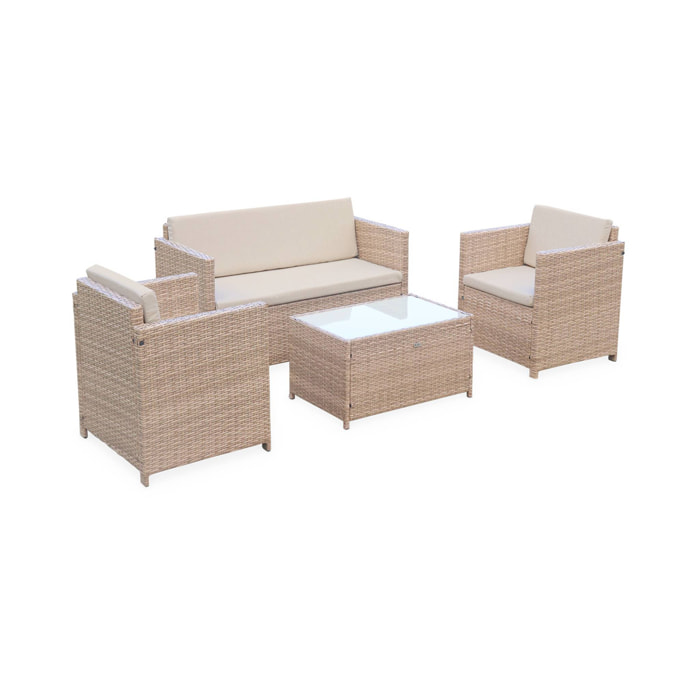 Salon de jardin en résine tressée - Perugia - Résine naturelle Coussins  beiges - 4 places - 1 canapé. 2 fauteuils. une table basse