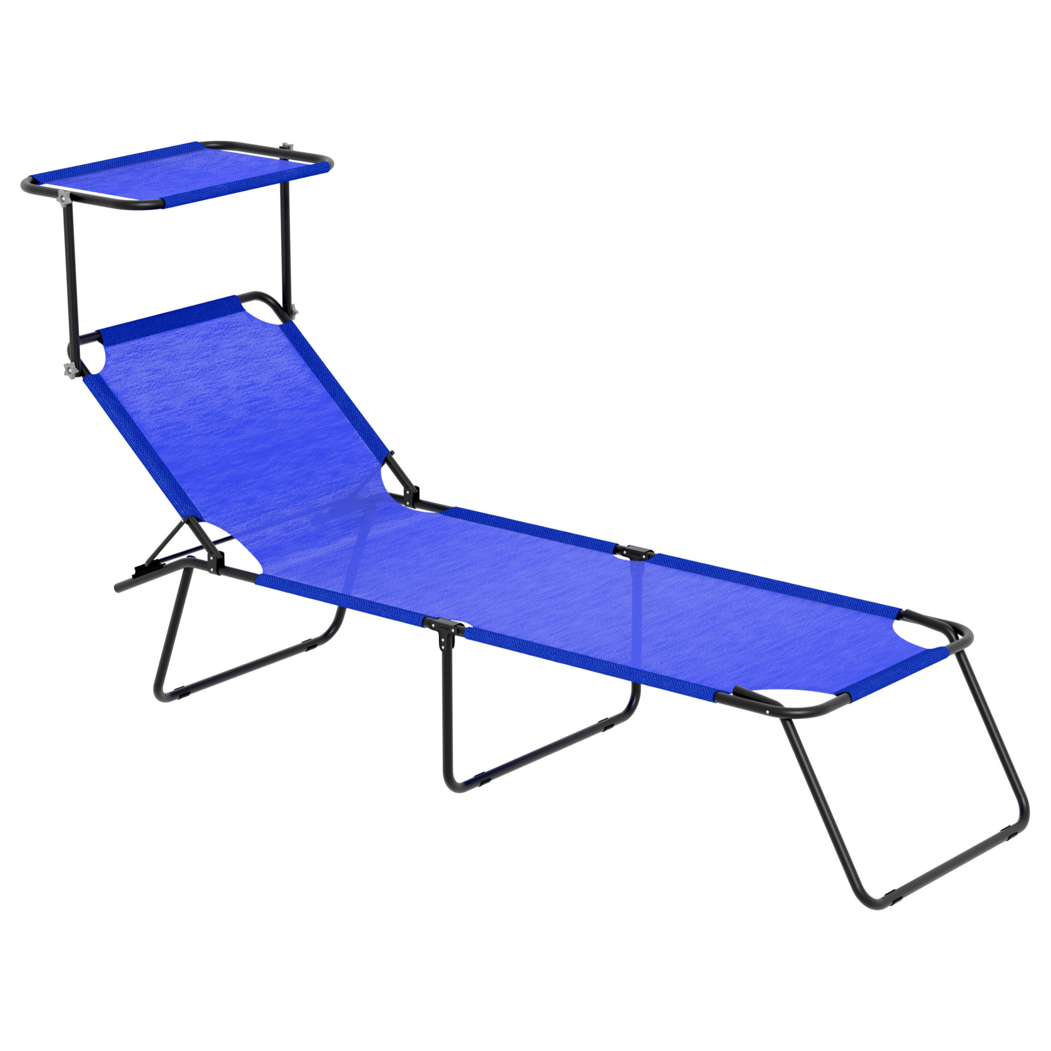 Lettino Pieghevole Con Tettuccio Regolabile Parasole Schienale Reclinabile Struttura In Metallo Nero Sdraio Spiaggia Mare Giardino Piscina Blu