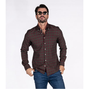 Camicia Uomo 2 Bottoni Button Down Slim Flanella Quadro Grande Nero/Rosso