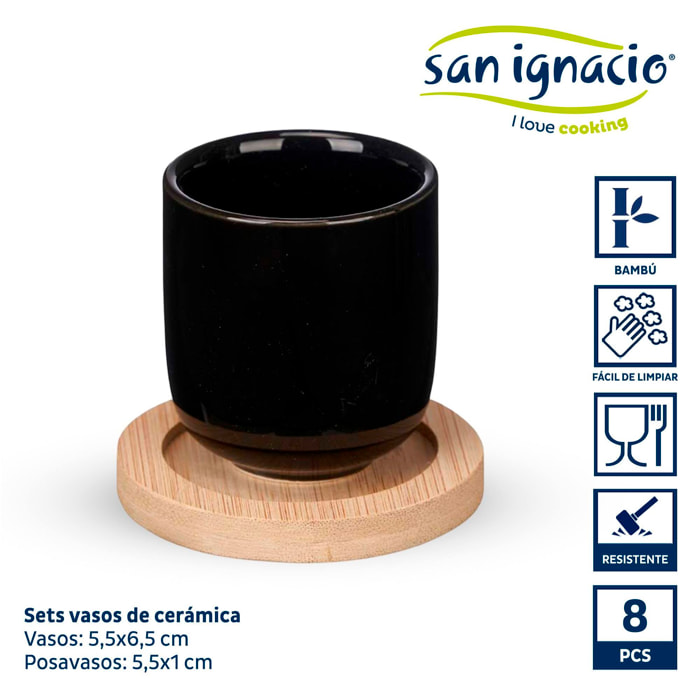 Set 4 vasos cafe ceramica negra posavaso colección kinvara