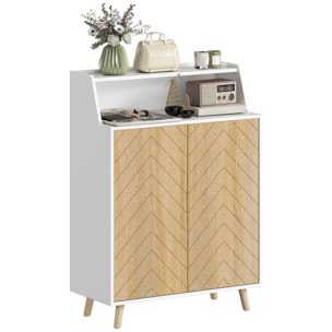 Zapatero de 2 Puertas en Espiga, Zapatero Entrada Recibidor con Estantes Ajustables, Compartimento Abierto y Patas de Madera, para 15 Pares de Zapatos, 75x35x104 cm, Blanco y Natural