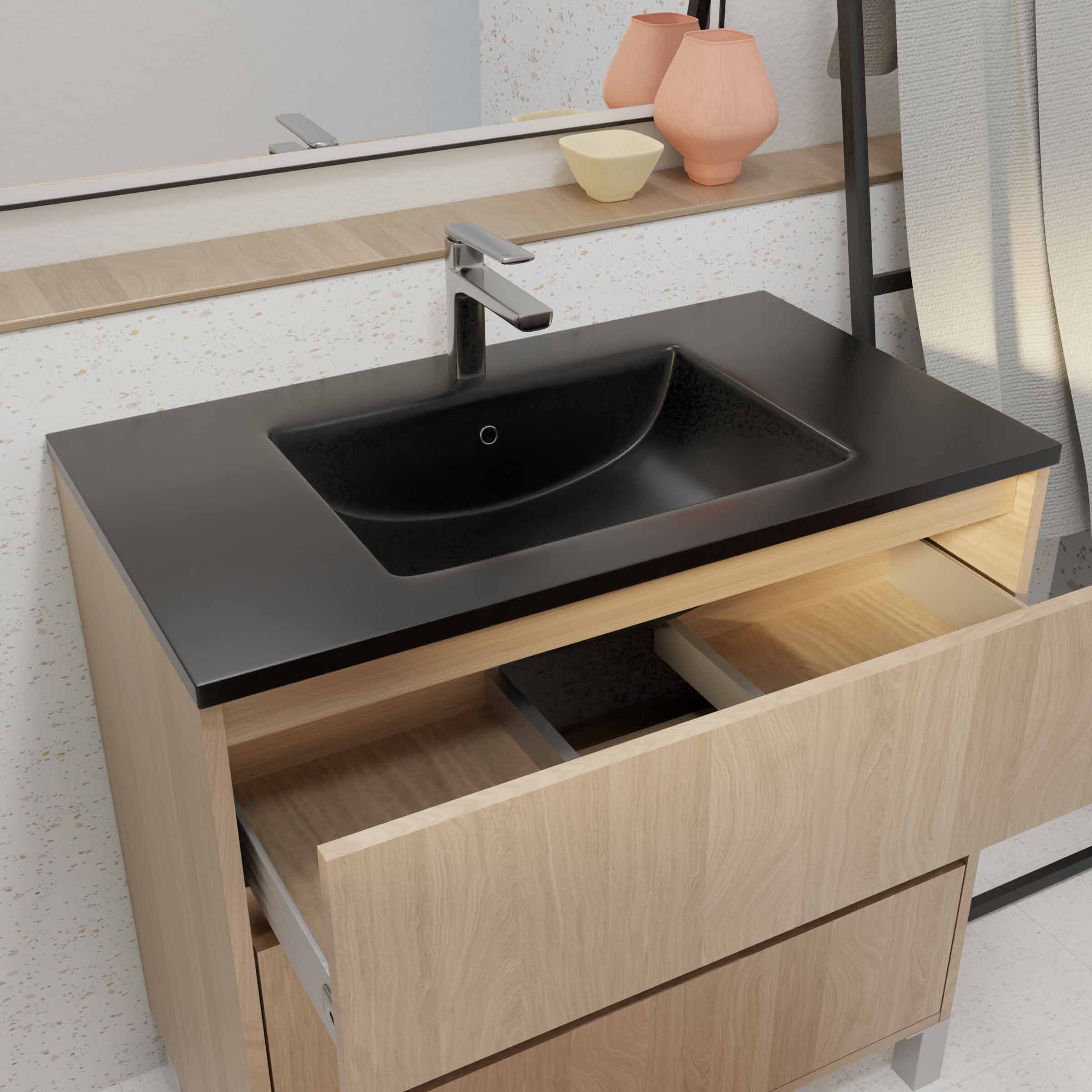Meuble de salle de bains 80 cm 3 Tiroirs Chêne Clair + Vasque Céramique Noire - XENOS
