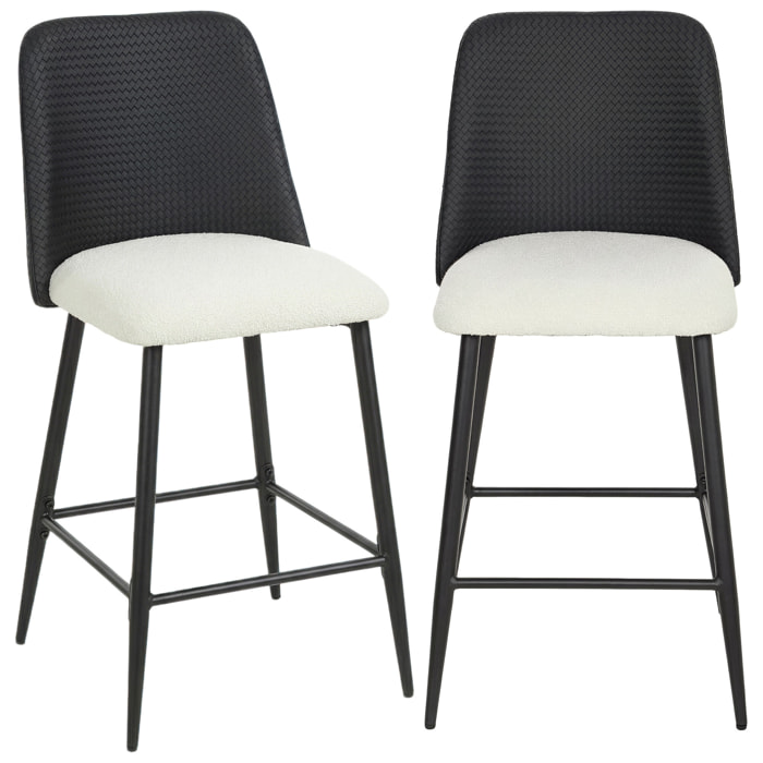 Juego de 2 Taburetes de Bar, Taburetes Altos de Cocina con Respaldo y Reposapiés, Tapizados de Lino y PU, Marco de Acero, Asiento de 65 cm de Altura, para Mostrador, Comedor, Negro
