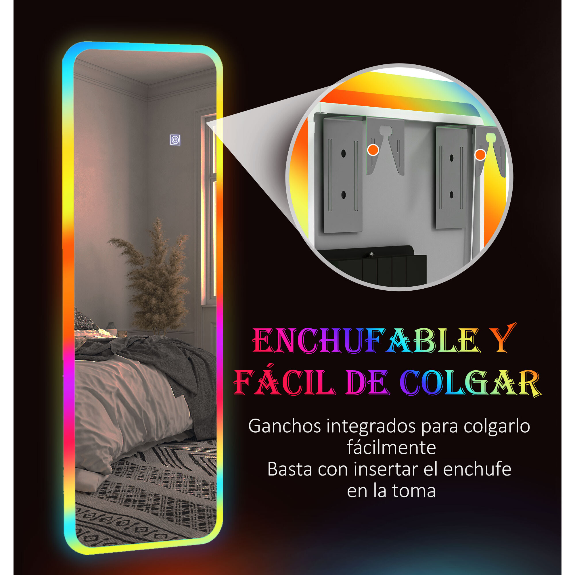 Espejo de Cuerpo Entero con Luces LED 120x40 cm Espejo Rectangular de Pared Ajustable con Iluminación de 7 Colores RGB y Función de Memoria para Dormitorio Vestidor