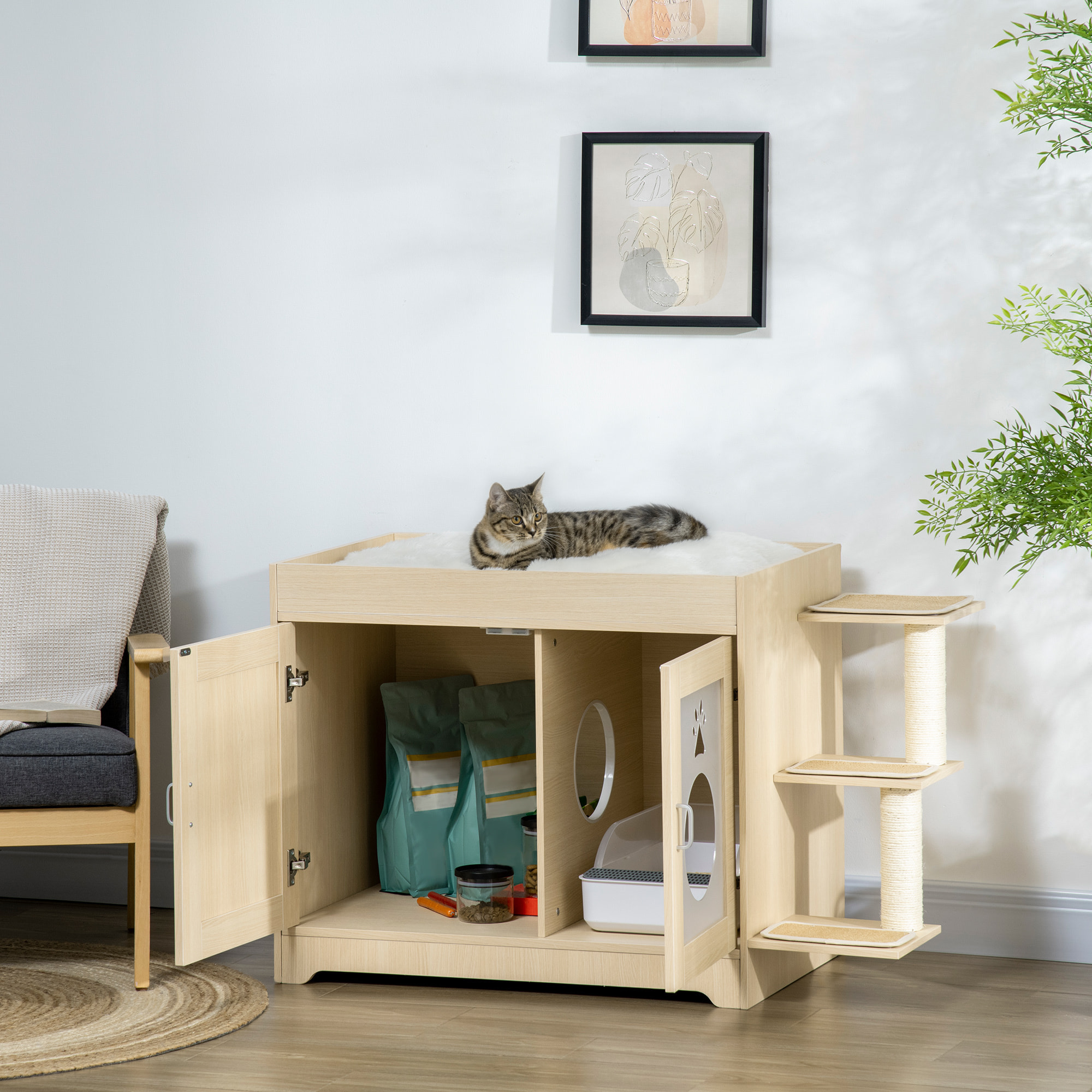 Arenero para Gatos de Madera con 2 Puertas Cama Cojín Suave 107x54x70 cm