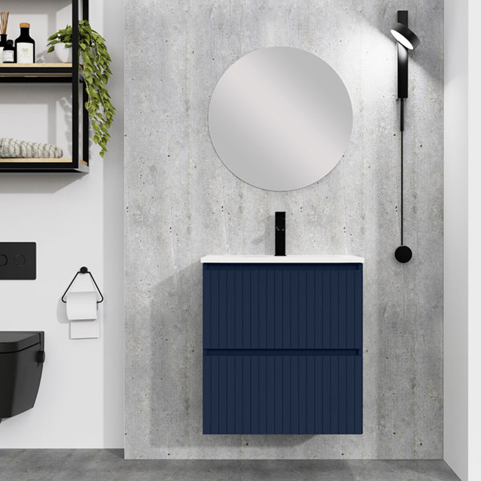 Conjunto de Baño Miya | Mueble de Baño Suspendido | 60 cm Azul| Dos Cajones | Lavabo Encastrado | No incluye Espejo | Alday