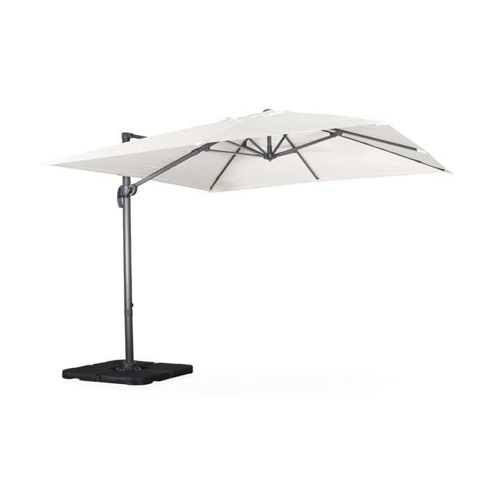 Parasol déporté carré écru 3x3m structure grise + Lot de 4 dalles à lester 50x50cm