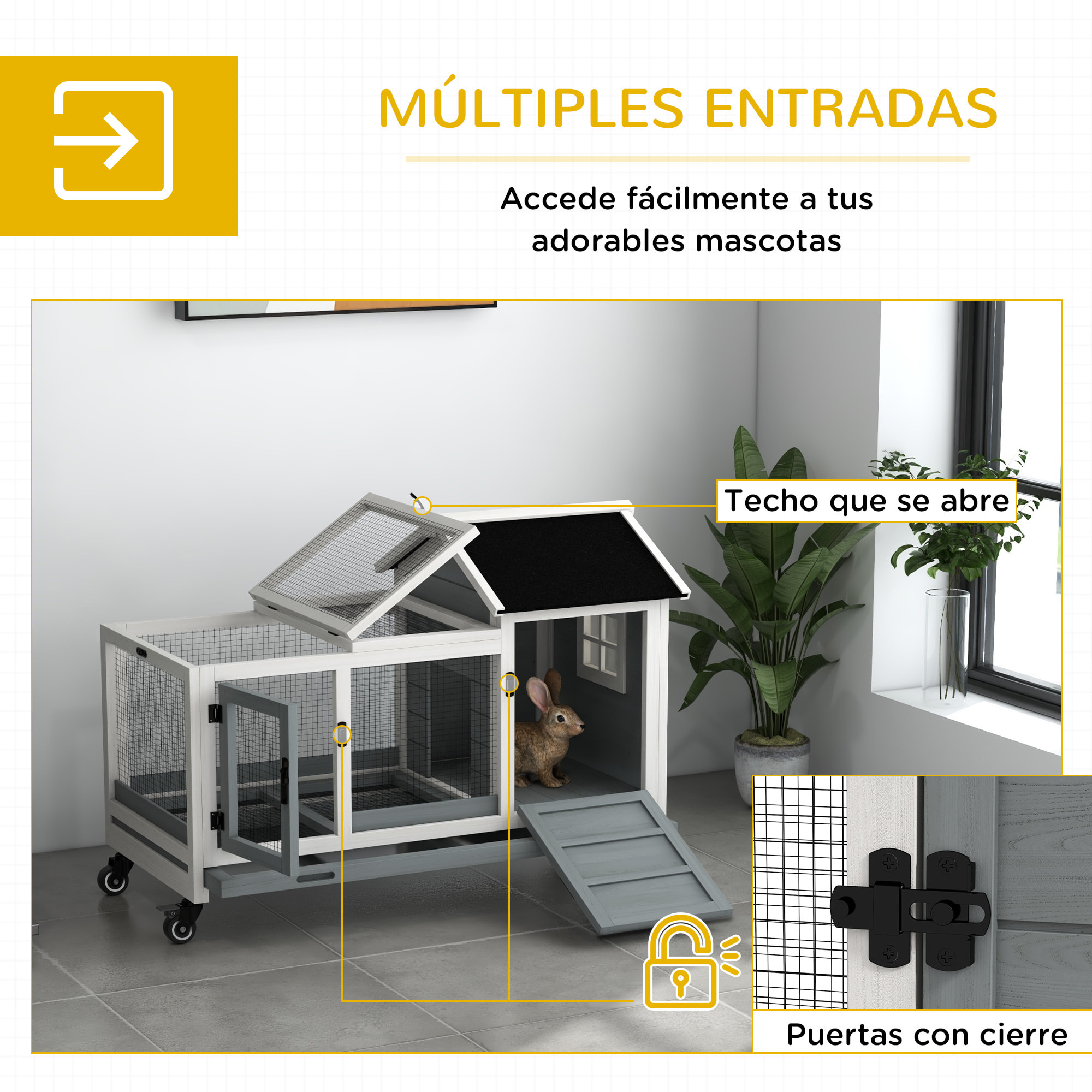 Conejera de Madera con Ruedas Jaula para Conejos con Techo Abatible y Bandeja Extraíble Conejera para Interior y Exterior 108x58x73,5 cm Gris