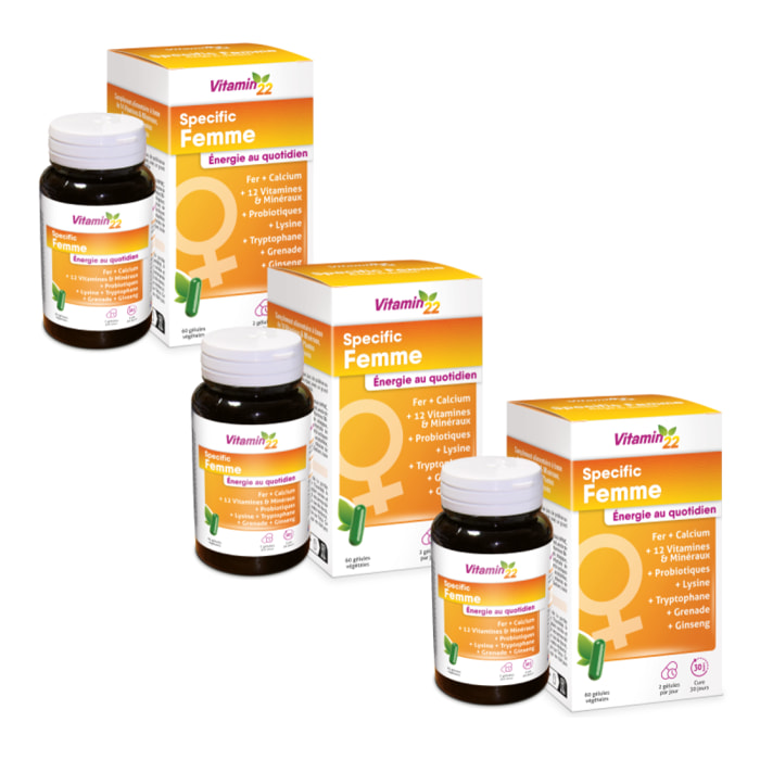 VITAMIN 22 - Specific Femme - A base de 14 vitamines et minéraux - Action fortifiante et anti-fatigue - Fabriqué en France - Cure de 90 j - Lot de 3