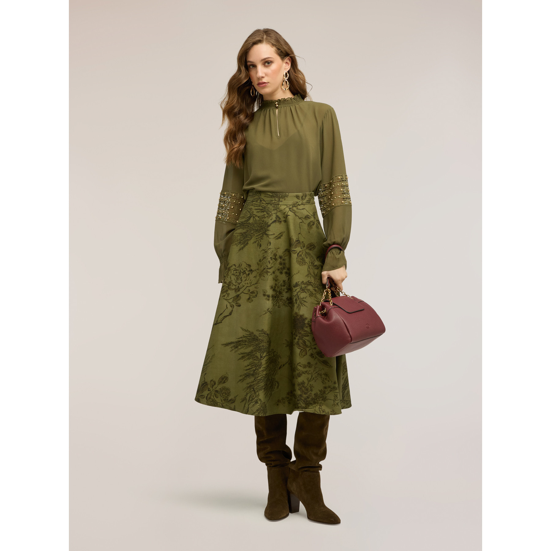 Motivi - Blusa in georgette con maniche ricamate - Verde militare