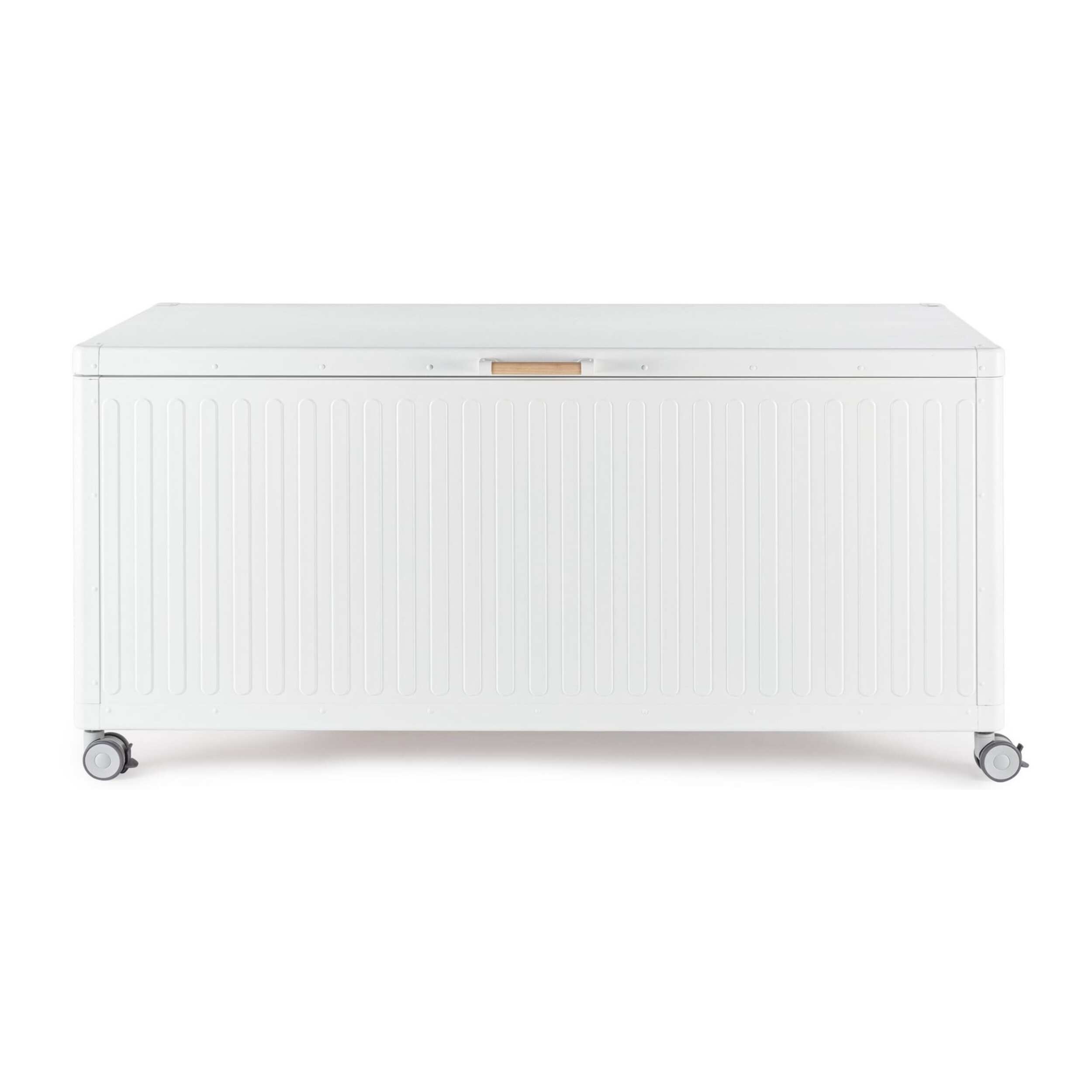 Baule da giardino BRAGA in alluminio bianco, con ruote e maniglia effetto legno