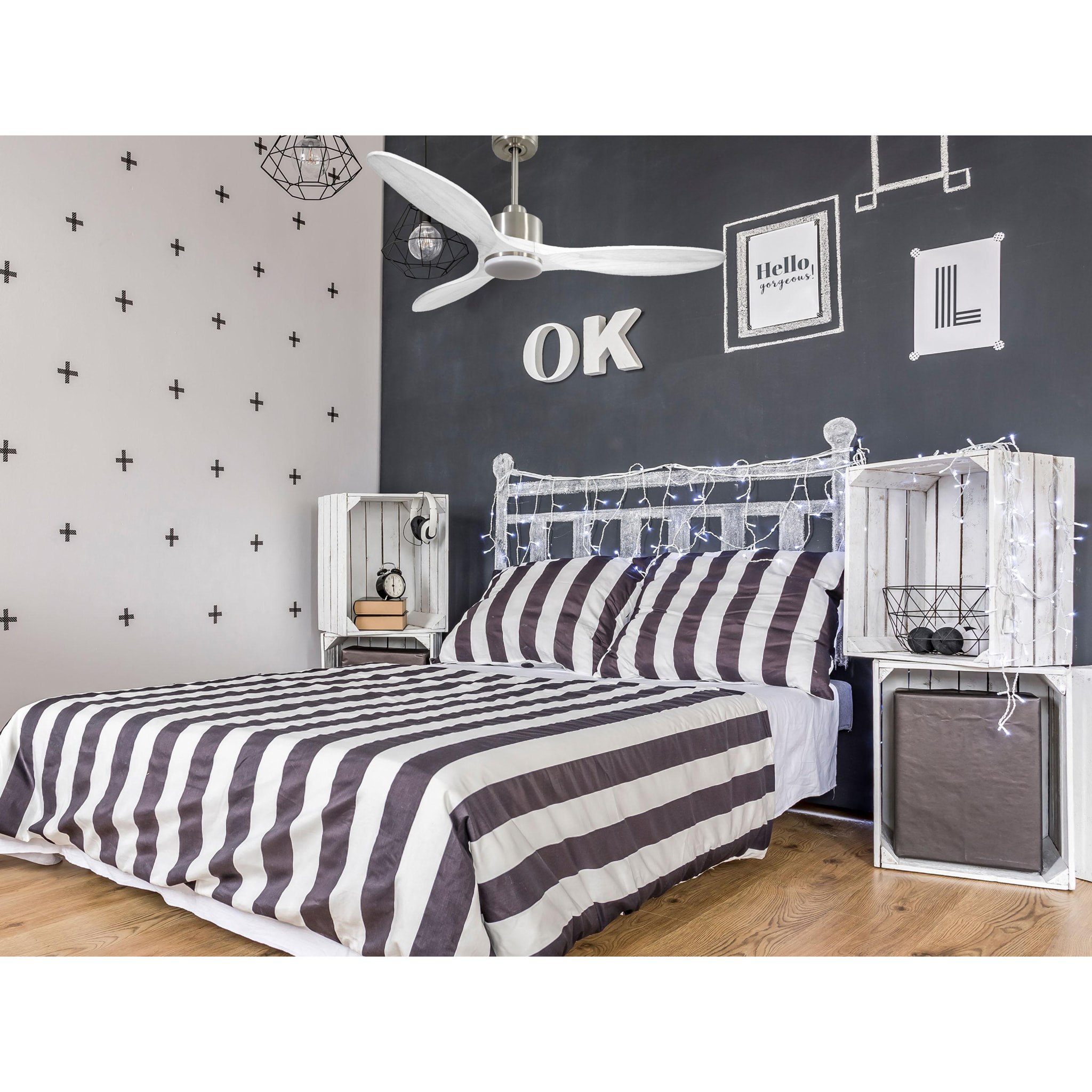 Ventilateur de plafond Réversible  Thermostat Dimmable Wifi Moteur à courant continu Toits en pente Télécommande Lumière à trois tons Hypersilence Mémoire