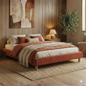 Lit Déco Cancun | Cadre à lattes | Robustesse et confort | Montage simple rapide | Velours Côtelé | Terracotta