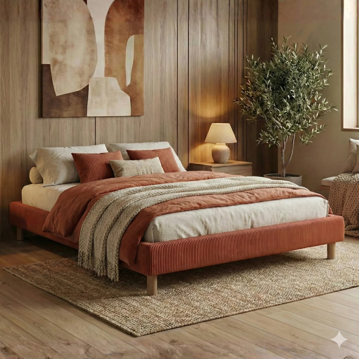 Lit Déco Cancun | Cadre à lattes | Robustesse et confort | Montage simple rapide | Velours Côtelé | Terracotta
