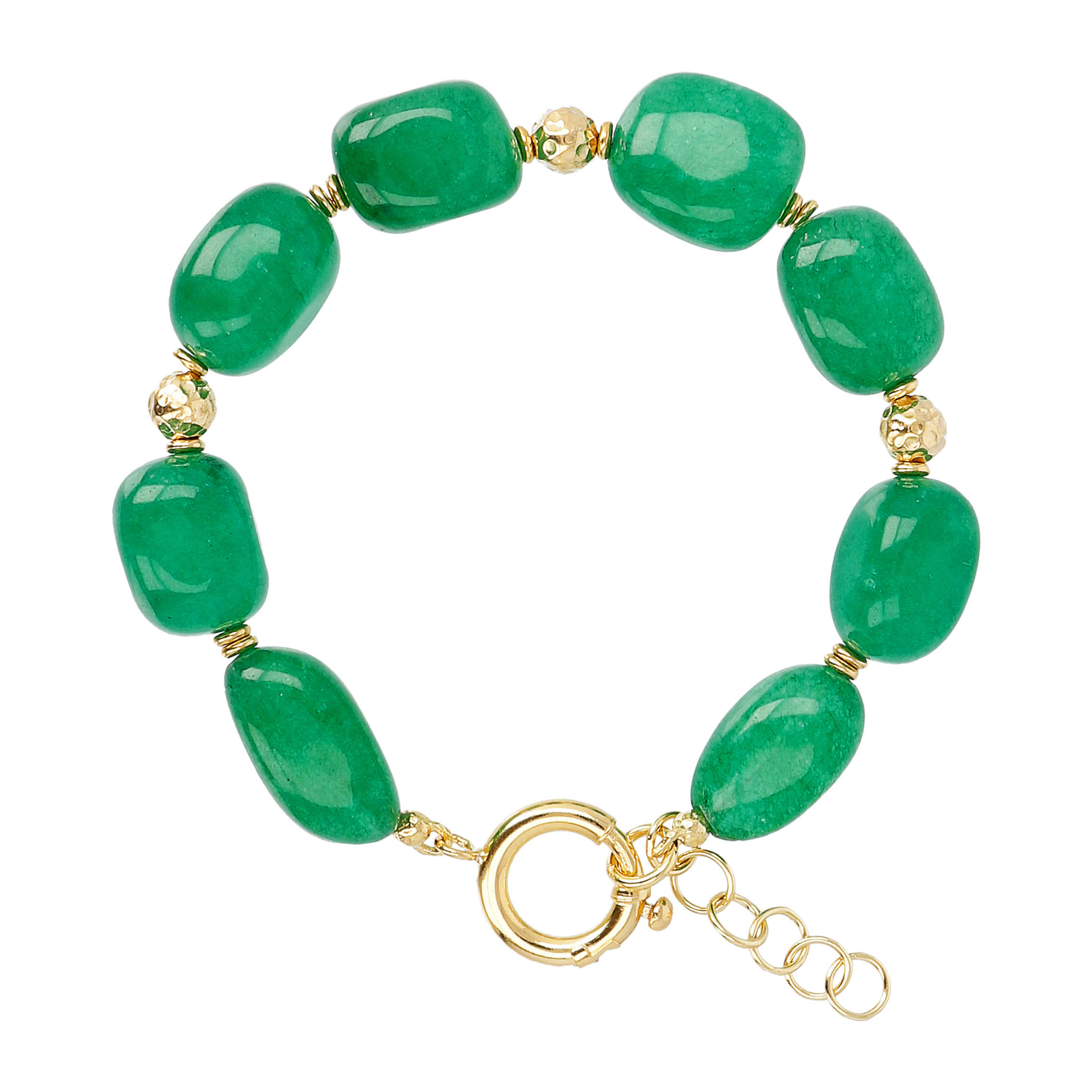 Bracciale in Argento 925 Placcato Oro Giallo 18kt con Sfere Martellate e Pietre Naturali Quarzi Verdi