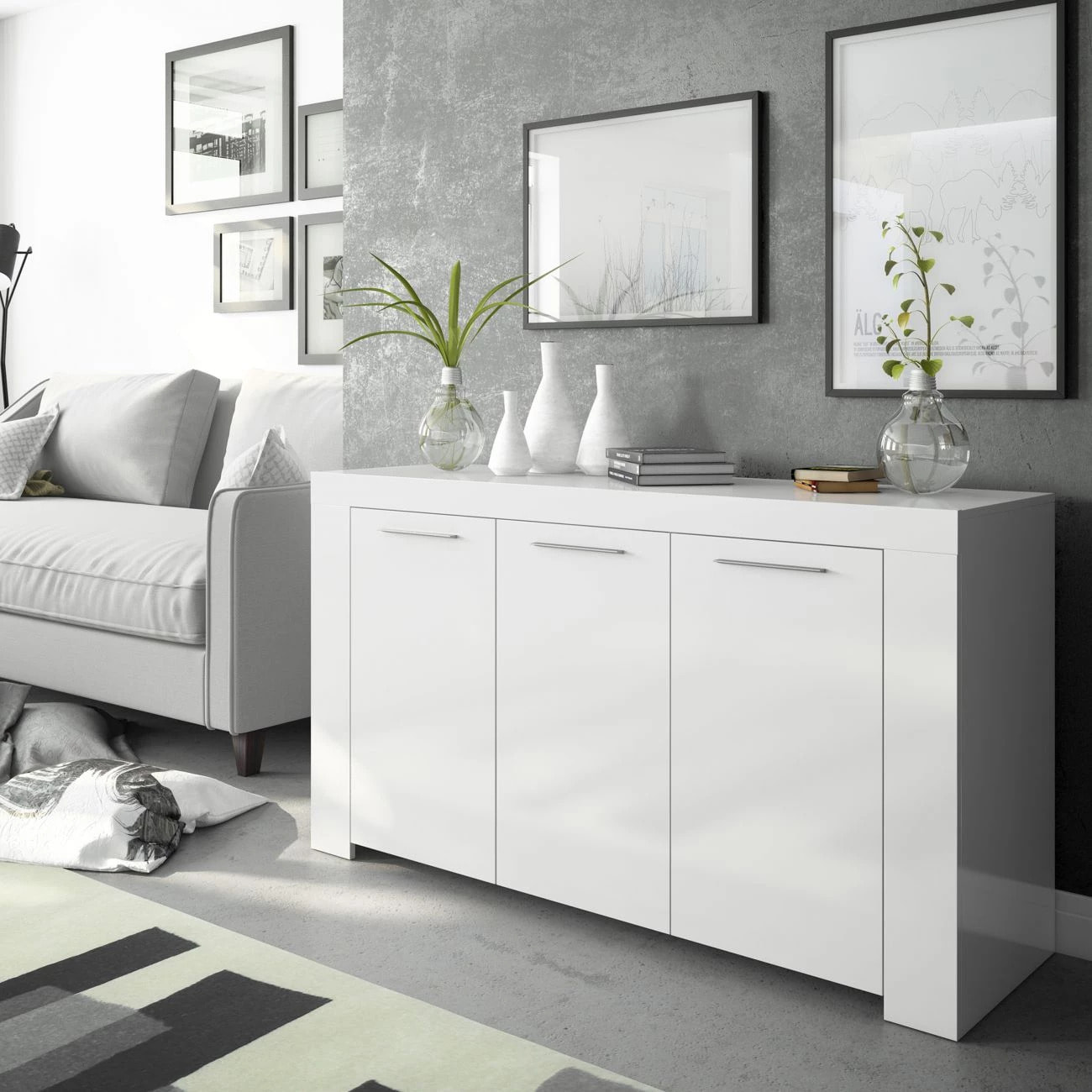 Aparador de 3 puertas con gran espacio de almacenamiento en blanco artik 144 cm Ambit Blanco Artik (Blanco Mate)