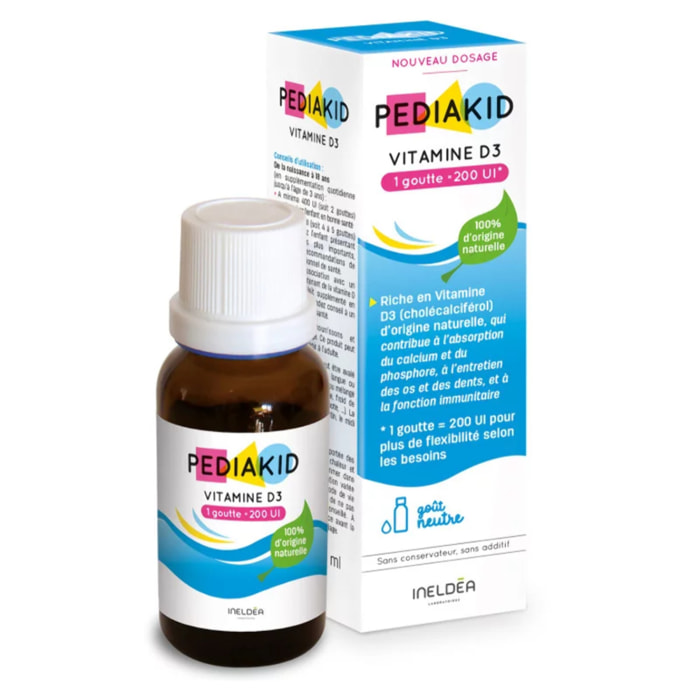 PEDIAKID - Vitamine D3 100% d'origine naturelle - Renforcement des défenses naturelles - Dès la naissance - Couvre 200% des apports journaliers recommandés