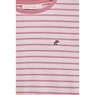 Maglietta a righe rosa cipria e beige con monogramma ricamato