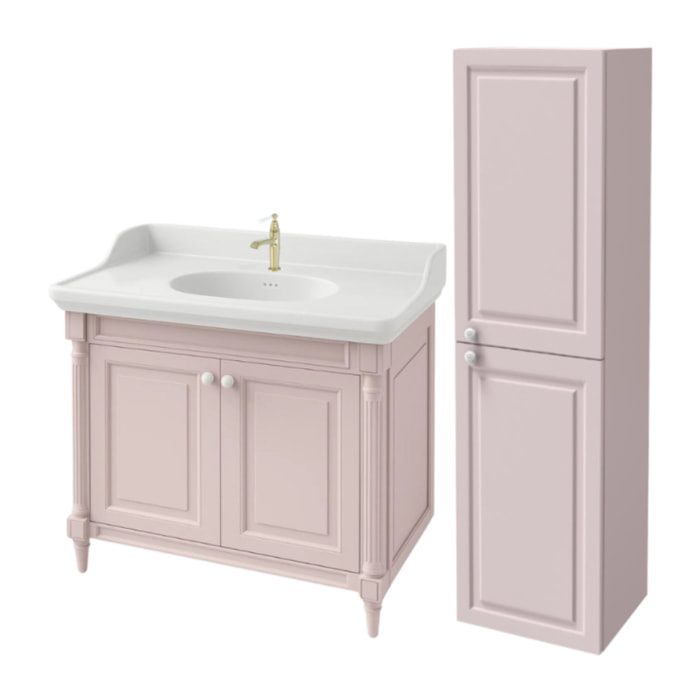 Pack meuble vasque Cléo 1889 rose velours + colonne droite + mitigeur or
