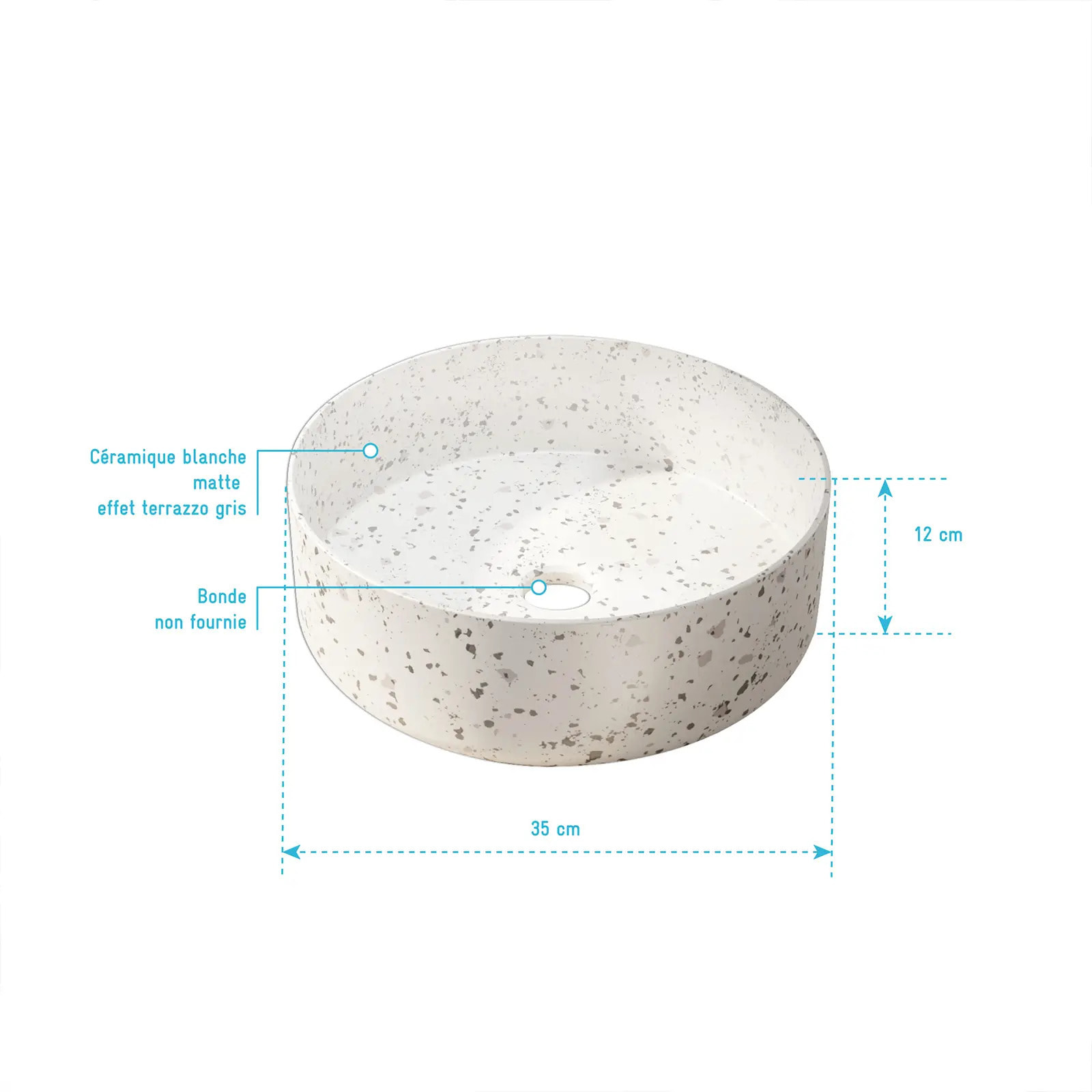 VASQUE TERRAZZO GRIS - Diam 35cm x 12cm - RONDE EN CERAMIQUE BLANC MAT