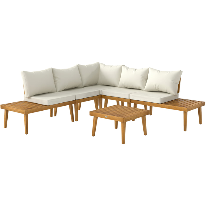 Salon de jardin d'angle 5 places en bois d'acacia avec table basse et tablettes latérales coussins crème