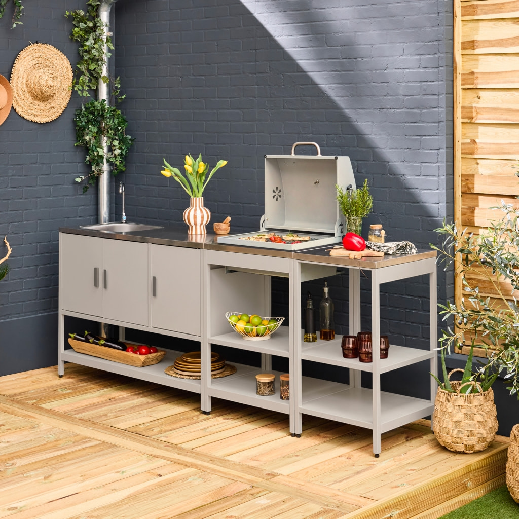 Cuisine extérieure 3 modules acier inoxydable avec barbecue charbon beige Naxos