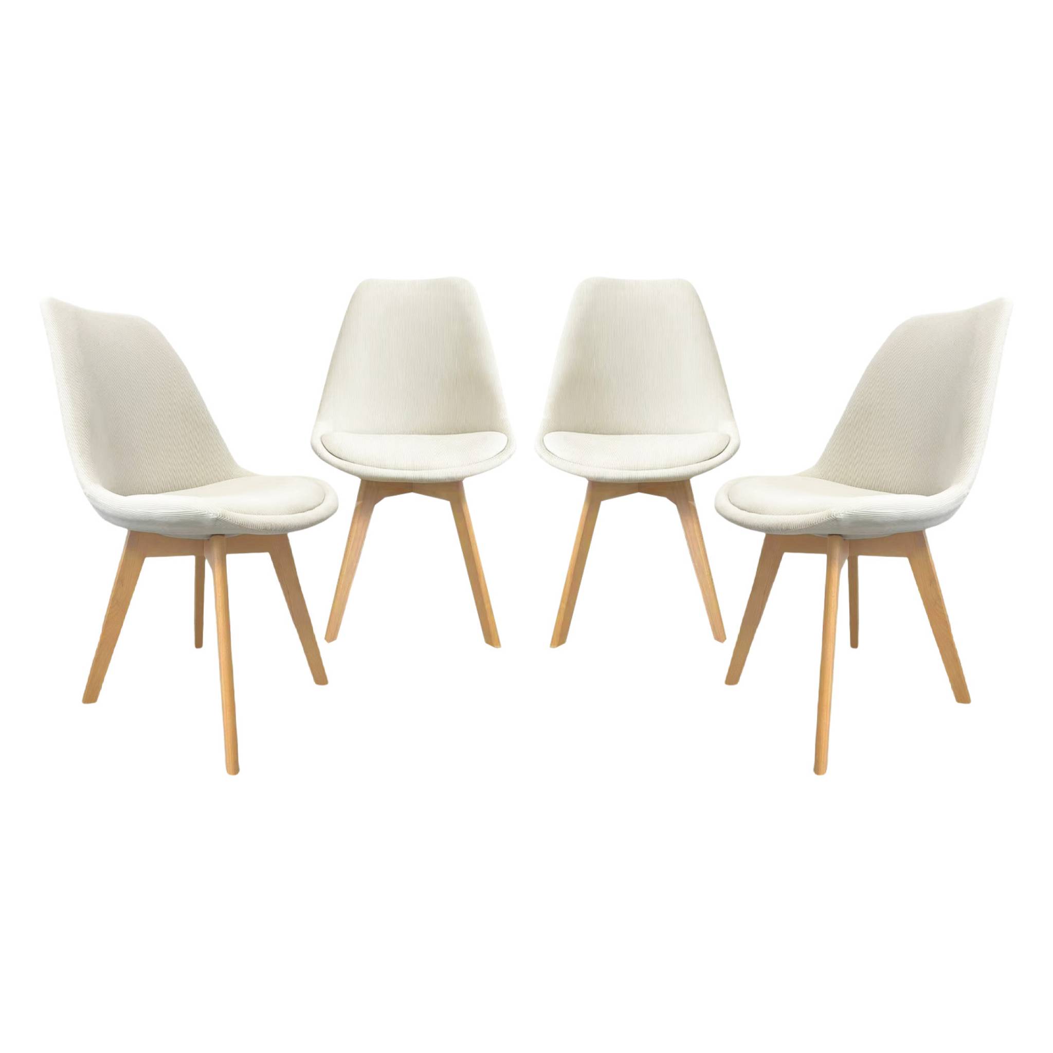 Lot de 4 chaises scandinaves revêtement velours côtelé blanc cassé. pieds bois de hêtre - Nils