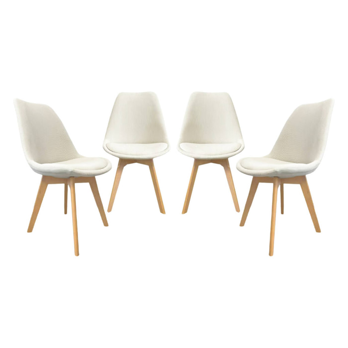 Lot de 4 chaises scandinaves revêtement velours côtelé blanc cassé. pieds bois de hêtre - Nils