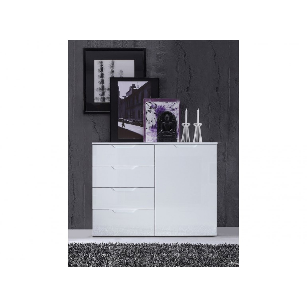 Commode dressing blanc laqué 1 porte, 4 tiroirs - SIENNA