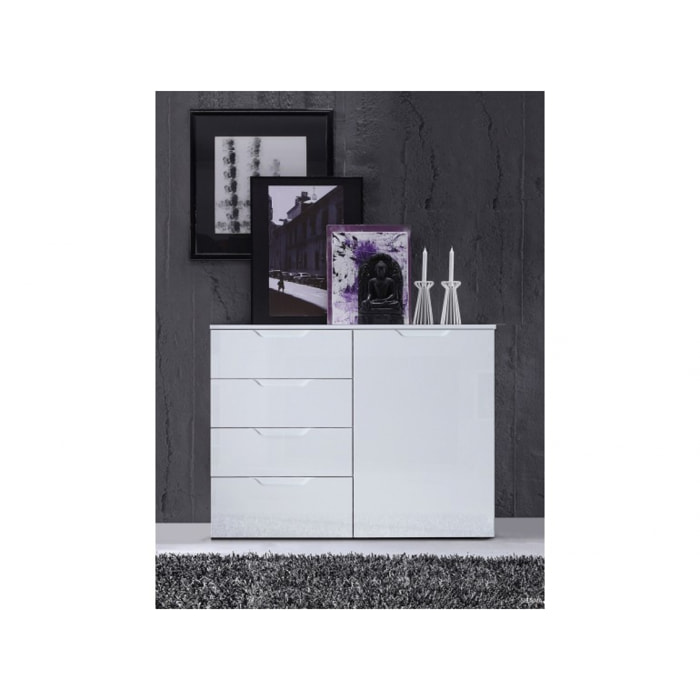 Commode dressing blanc laqué 1 porte, 4 tiroirs - SIENNA
